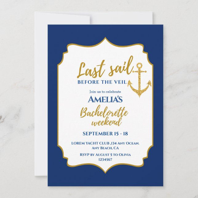 Letztes Segel vor dem Schleier Bachelorette Wochen Einladung (Vorderseite)