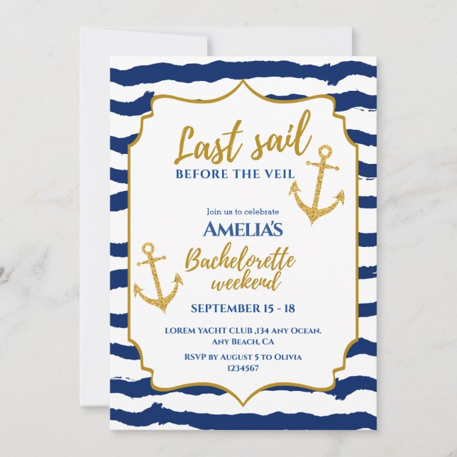 Letztes Segel vor dem Schleier Bachelorette Wochen Einladung (Vorderseite)