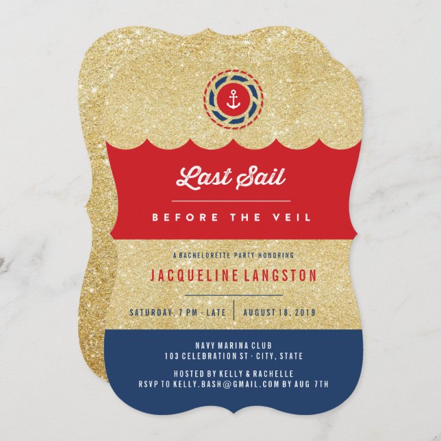 Letztes Segel vor dem Veil Glam Junggeselinnen-Abs Einladung (Vorne/Hinten)