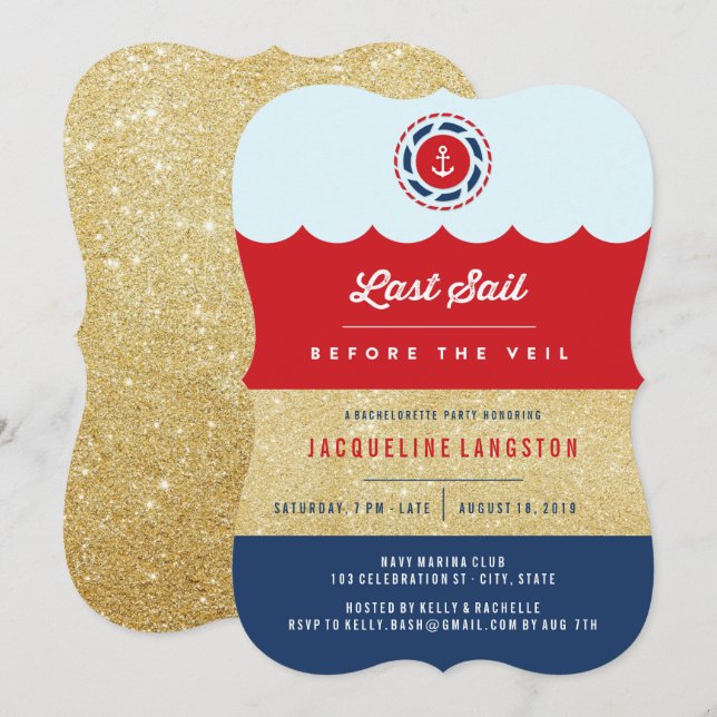 Letztes Segel vor dem Veil Glam Junggeselinnen-Abs Einladung (Vorne/Hinten)