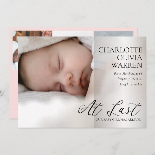 Letztes Skript 4 Foto Baby Pink Birth Ankündigung (Vorne/Hinten)