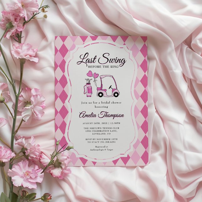 Letztes Swing Pink Raute Golf Brautparty Einladung (Last Swing Before the Ring! Pink Argyle Golf-Themed Bridal Shower Invitation)