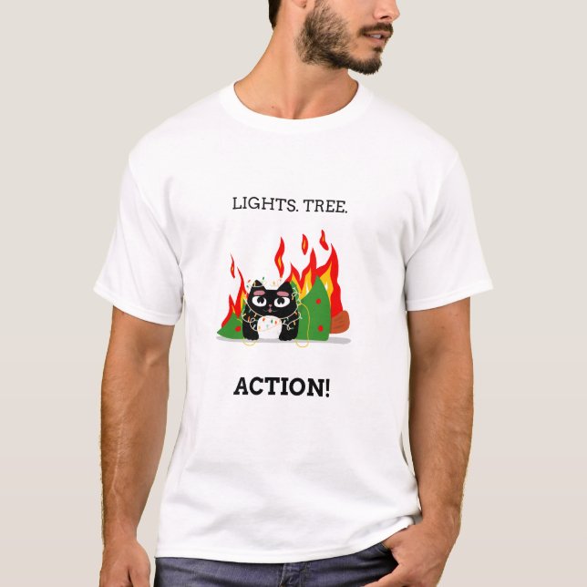 Leuchten. Baum. Action! - Funny Cat Christmas T-Shirt (Vorderseite)