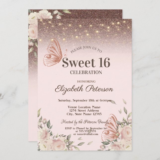 Leuchten, rosa Blume Glitzer Schmetterlinge Süß 16 Einladung (Vorne/Hinten)