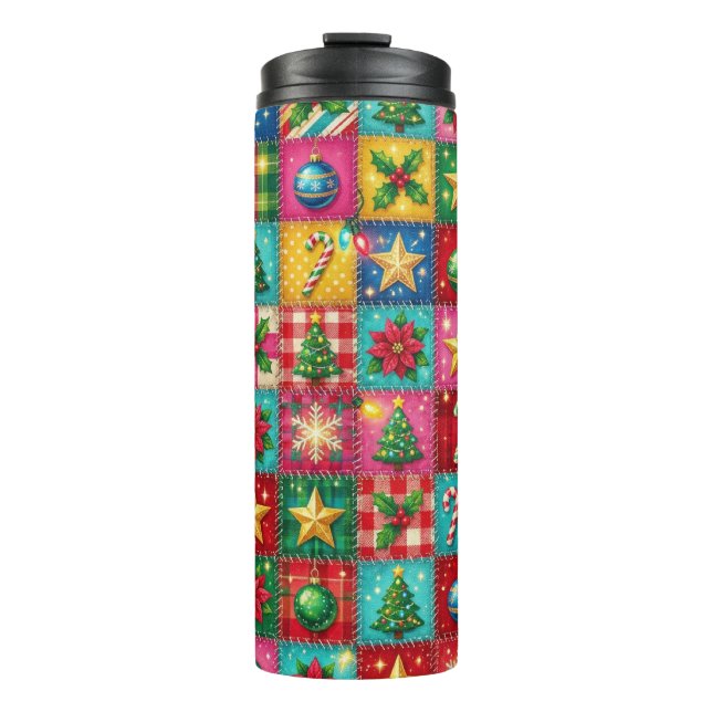 LEUCHTEND BUNTE WEIHNACHTS-PATCHWORK-OPTIK THERMOSBECHER (Vorderseite)