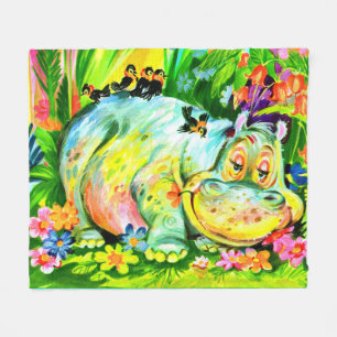 leuchtend bunter Hippopotamus und Vögel Fleecedecke