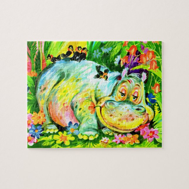 leuchtend farbige Nilpferde und Vögel Puzzle (Horizontal)