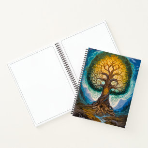 Leuchtend Gold Blau Yggdrasil Fantasy Baum Kunst Notizbuch