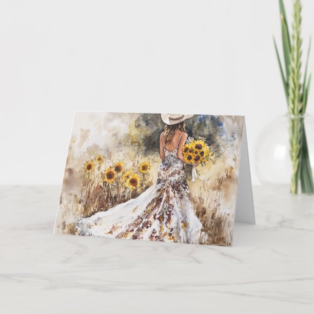 Leuchtend hell in Gown, Stiefeln und Sonnenblumen Karte (Vorderseite)