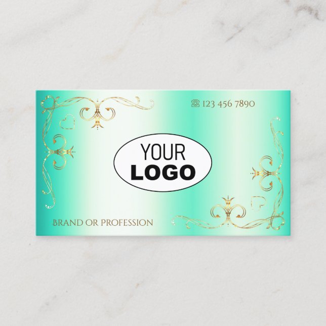 Leuchtende Aquamarine Gold Verziert Corner Border  Visitenkarte (Vorderseite)