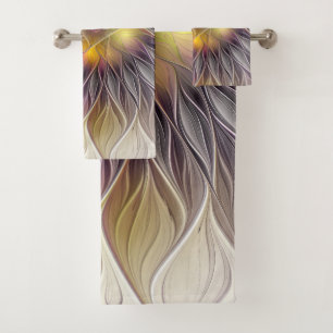 Leuchtende Bunte Blume, Abstrakte Moderne Fraktale Badhandtuch Set