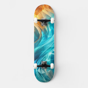 Leuchtende Cyan-Orange Low-Poly-Welle Skateboard