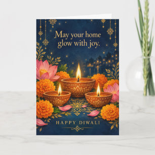 Leuchtende Diyas Ringelblume Lotus Frohes Diwali Karte