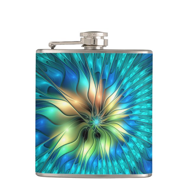 Leuchtende Fantasie-Blume, buntes Abstraktes Frakt Flachmann (Vorderseite)