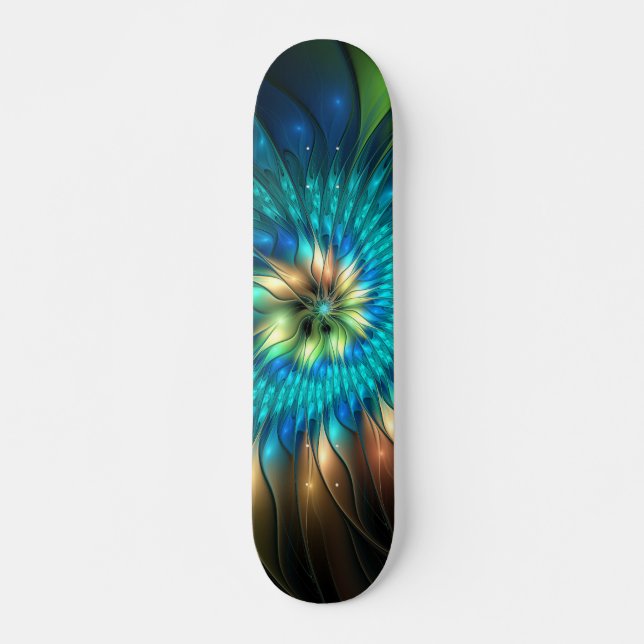 Leuchtende Fantasie-Blume, buntes Abstraktes Frakt Skateboard (Vorne)