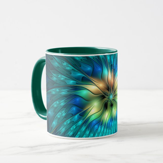 Leuchtende Fantasie-Blume, buntes Abstraktes Frakt Tasse (Vorderseite Links)