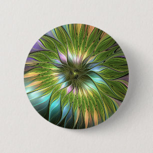 Leuchtende Farbige Fantasy-Blumen-Fraktal-Kunst Button