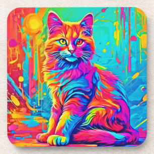 Leuchtende Feline: farbenfrohe Neonkatze Getränkeuntersetzer