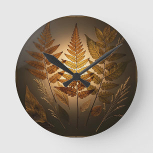 Leuchtende goldene Farne Botanische Pressdisplay Runde Wanduhr