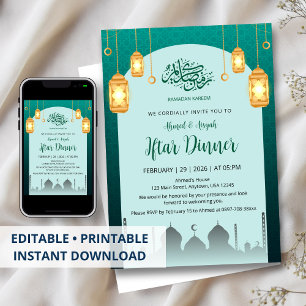 Leuchtende goldene Laternen Teal-Bogen-Iftar-Einla Einladung