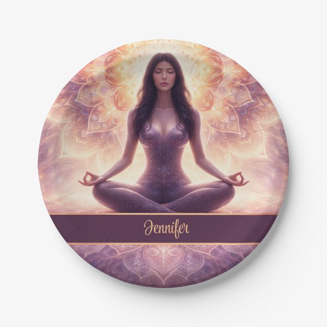 Leuchtende Mandala-Meditationsfrau, benutzerdefini Pappteller (Vorderseite)