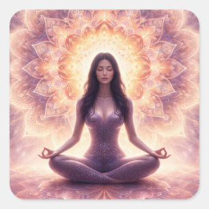 Leuchtende Mandala-Meditationsfrau, benutzerdefini Quadratischer Aufkleber