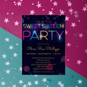 Leuchtende Neon-Sweet-Sixteen-Party Gold Folieneinladung