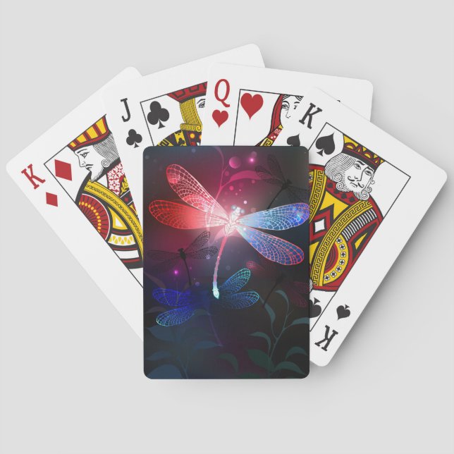 Leuchtende rote Libelle Spielkarten (Rückseite)