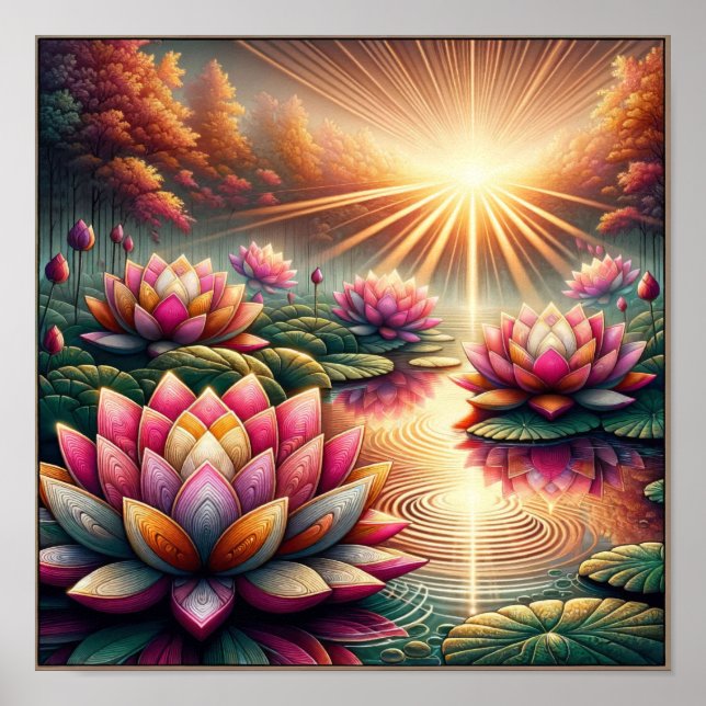 Leuchtende Ruhe: Lotus blüht bei Morgengrauen Poster (Vorne)