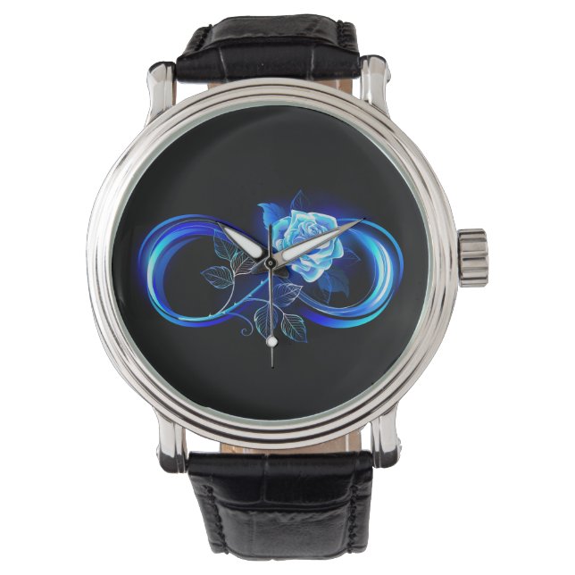 Leuchtende Unendlichkeit mit blauer Rose Armbanduhr (Vorderseite)