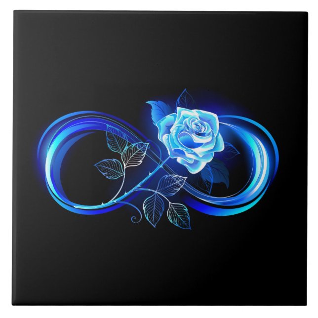 Leuchtende Unendlichkeit mit blauer Rose Fliese (Vorderseite)