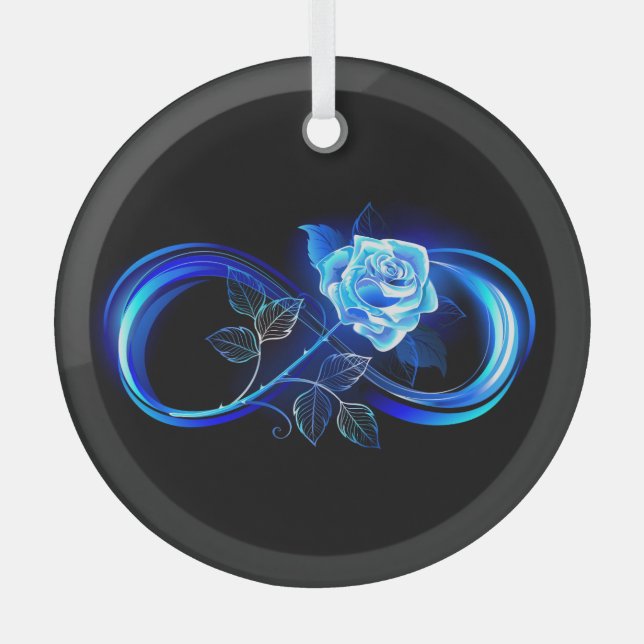Leuchtende Unendlichkeit mit blauer Rose Ornament Aus Glas (Vorderseite)