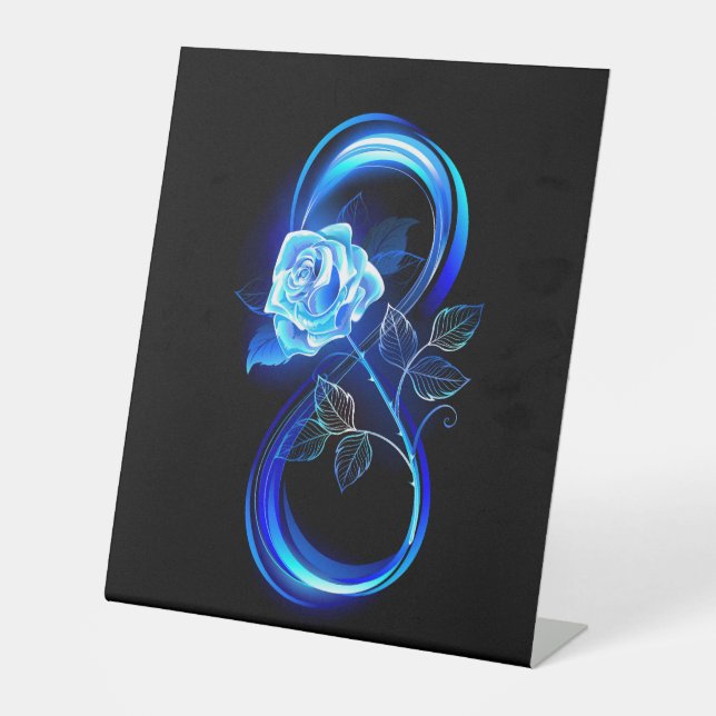 Leuchtende Unendlichkeit mit blauer Rose Sockelschild (Vorderseite)