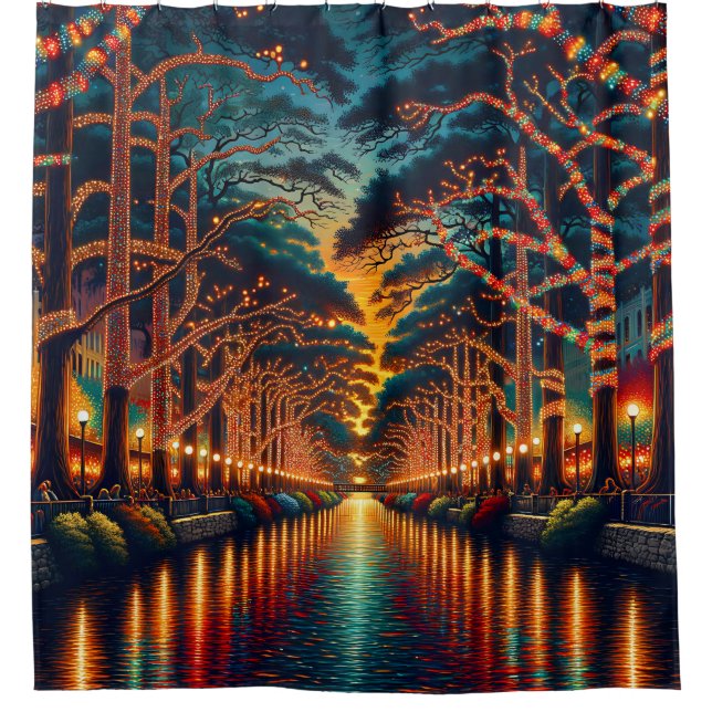 "Leuchtende Wasserstraße: Riverwalk" Duschvorhang (Vorderseite)
