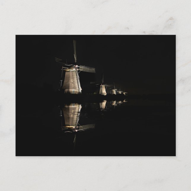 Leuchtende Windmühlen in Kinderdijk Postkarte (Vorderseite)