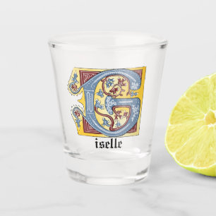 Leuchtender Buchstabe G für das Mittelalter in bla Schnapsglas