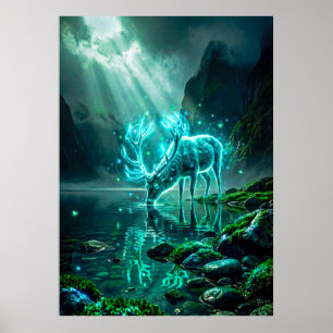 Leuchtender Neon-Cyan-Ätherischer-Geist-Hirsch-Fan Poster