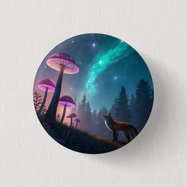 Leuchtender Pilzwald Fuchs Fantasy-Kunst Button (Vorderseite)