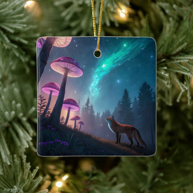 Leuchtender Pilzwald Fuchs Fantasy-Kunst Keramikornament (Baum)