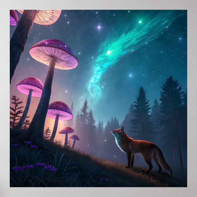 Leuchtender Pilzwald Fuchs Fantasy-Kunst Poster (Vorne)