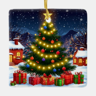 Leuchtender Weihnachtsbaum in einem schneebedeckte Keramikornament