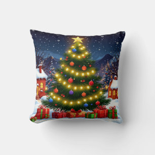 Leuchtender Weihnachtsbaum in einem schneebedeckte Kissen