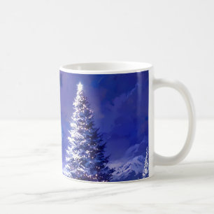 Leuchtender Weihnachtsbaum Schneebedeckte Bergland Kaffeetasse
