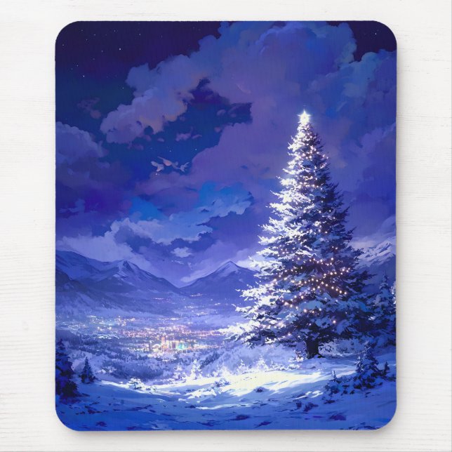 Leuchtender Weihnachtsbaum Schneebedeckte Bergland Mousepad (Vorne)