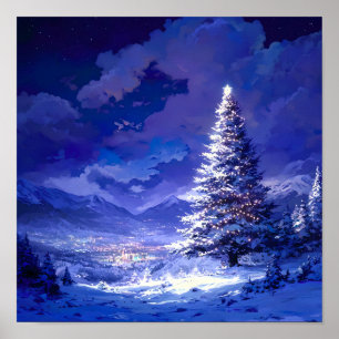 Leuchtender Weihnachtsbaum Schneebedeckte Bergland Poster