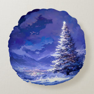 Leuchtender Weihnachtsbaum Schneebedeckte Bergland Rundes Kissen