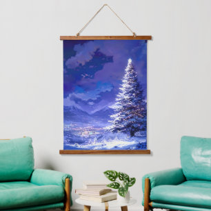 Leuchtender Weihnachtsbaum Schneebedeckte Bergland Wandteppich Mit Holzrahmen