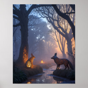 Leuchtender Zwielichtwald mit hölzernen Tieren Poster