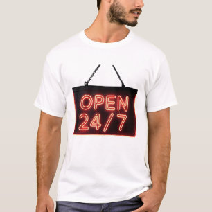 Leuchtendes rotes Neon-"ÖFFNUNGSZEIT 24/7"-Schild T-Shirt