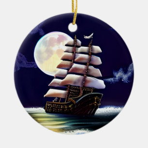 Leuchtendes Schiff auf dem Ozean unter dem Mond Keramik Ornament